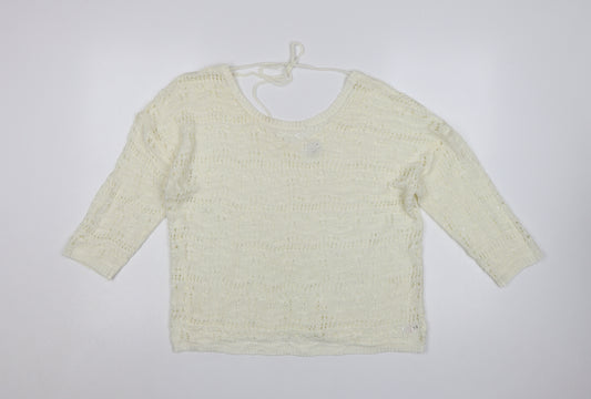 Kaleidoscope Women Ivory Open-Knit 3/4 Sleeve Pullover Jumper Size 14