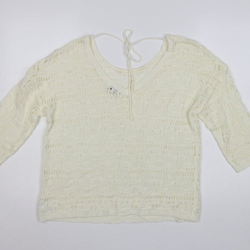 Kaleidoscope Women Ivory Open-Knit 3/4 Sleeve Pullover Jumper Size 14