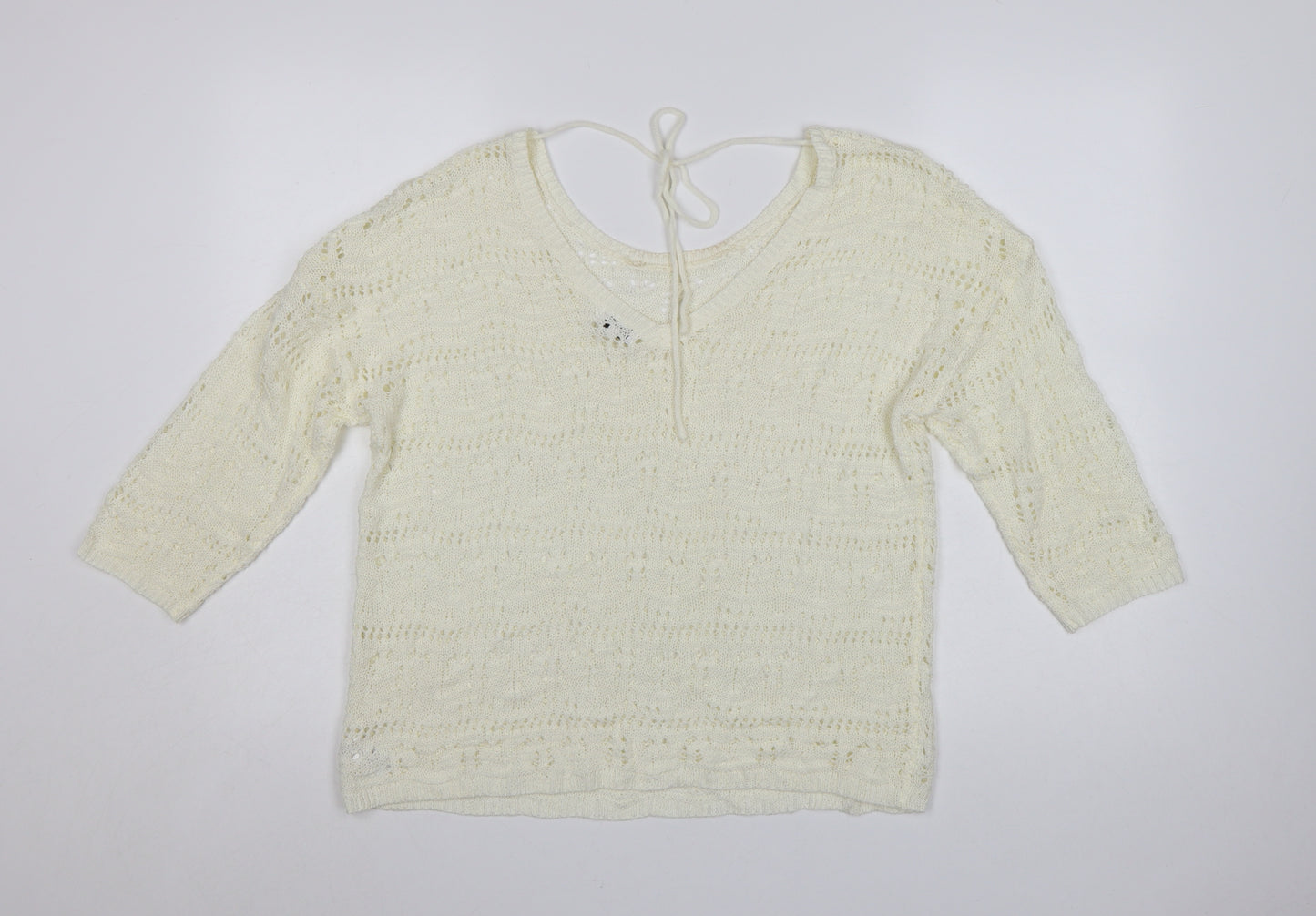 Kaleidoscope Women Ivory Open-Knit 3/4 Sleeve Pullover Jumper Size 14