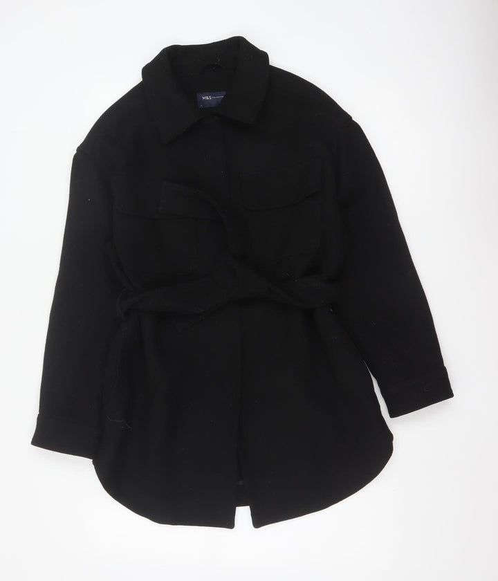 Marks and Spencer Women Black Wool Blend Belted Overcoat Size S