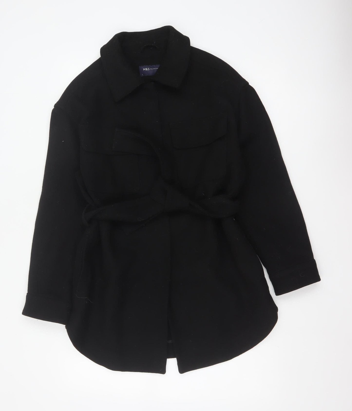 Marks and Spencer Women Black Wool Blend Belted Overcoat Size S