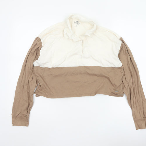 Hollister Women Beige Cropped Button-Up Long Sleeve Top M