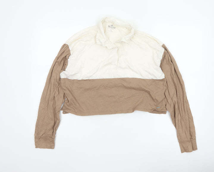 Hollister Women Beige Cropped Button-Up Long Sleeve Top M
