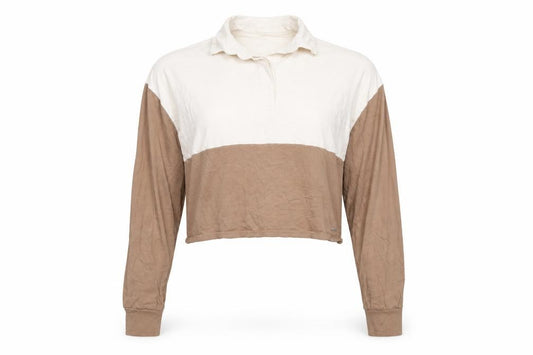 Front view of Hollister Women Beige Cropped Button-Up Long Sleeve Top M