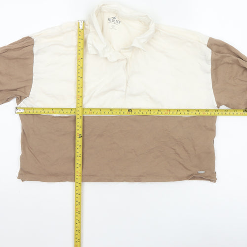 Hollister Women Beige Cropped Button-Up Long Sleeve Top M