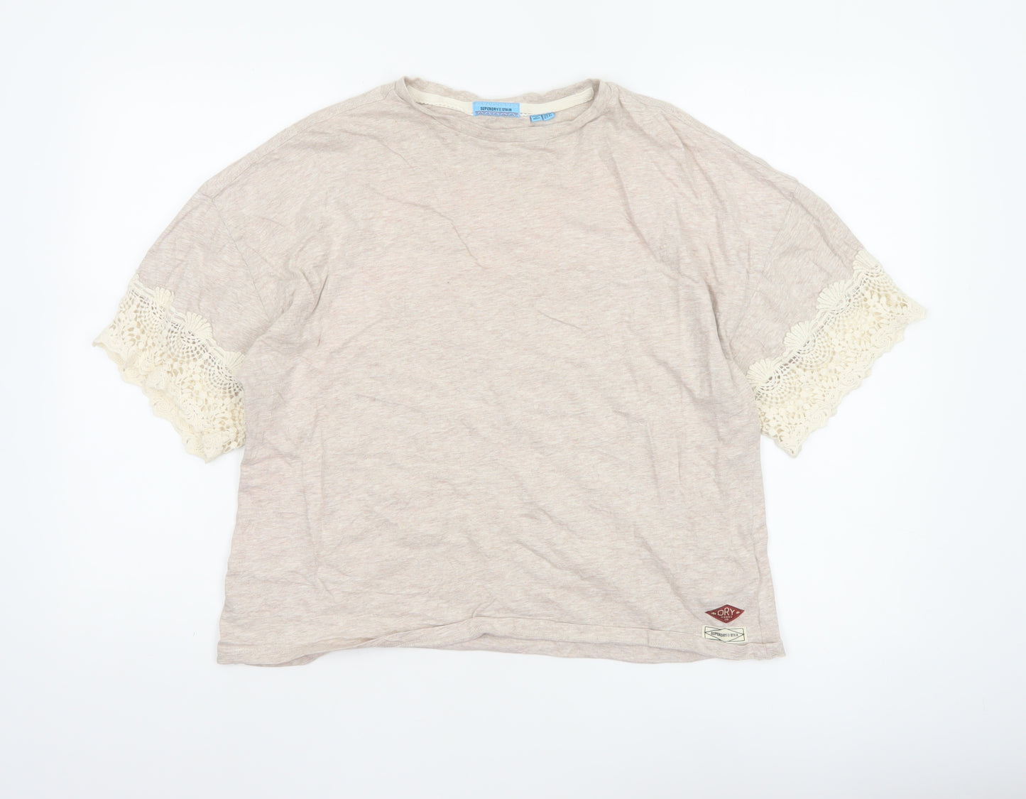 Superdry Womens Beige Crochet Sleeve T-Shirt Size 12