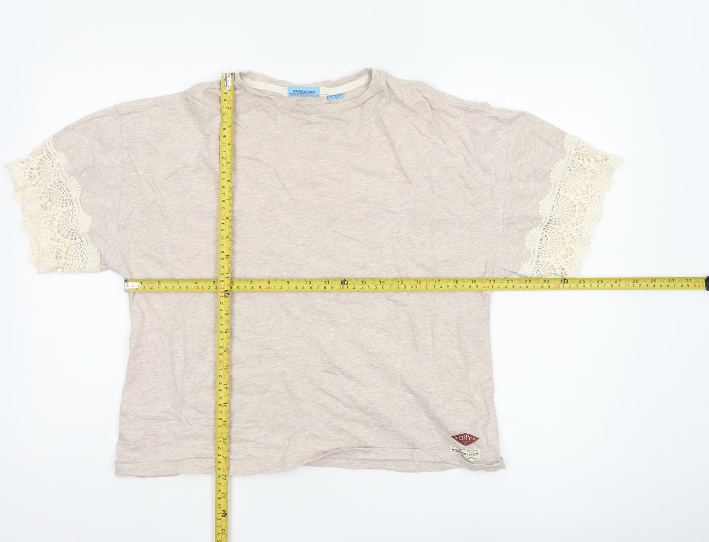 Superdry Womens Beige Crochet Sleeve T-Shirt Size 12