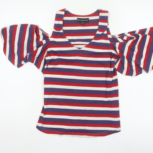 HYPERNATION Women’s Multicoloured Striped Cold Shoulder Cotton T-Shirt Size S