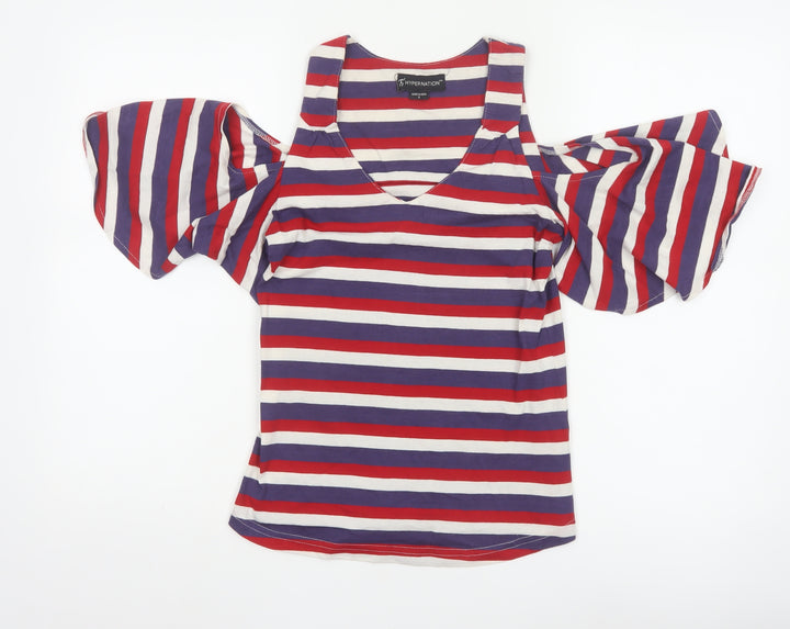 HYPERNATION Women’s Multicoloured Striped Cold Shoulder Cotton T-Shirt Size S
