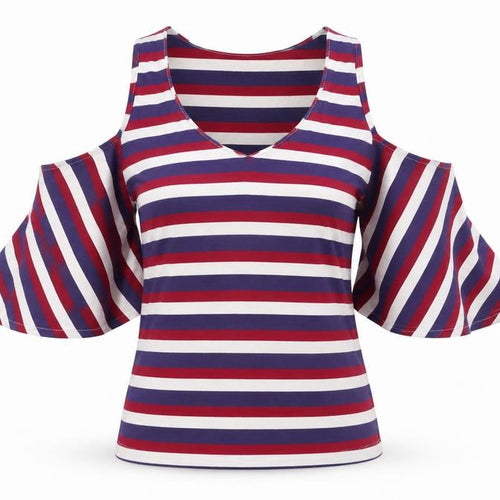 HYPERNATION Women’s Multicoloured Striped Cold Shoulder Cotton T-Shirt Size S