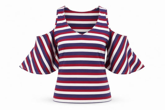Front view of HYPERNATION Women’s Multicoloured Striped Cold Shoulder Cotton T-Shirt, size S