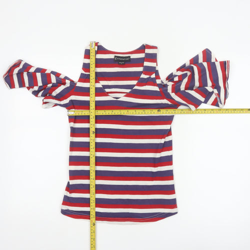HYPERNATION Women’s Multicoloured Striped Cold Shoulder Cotton T-Shirt Size S
