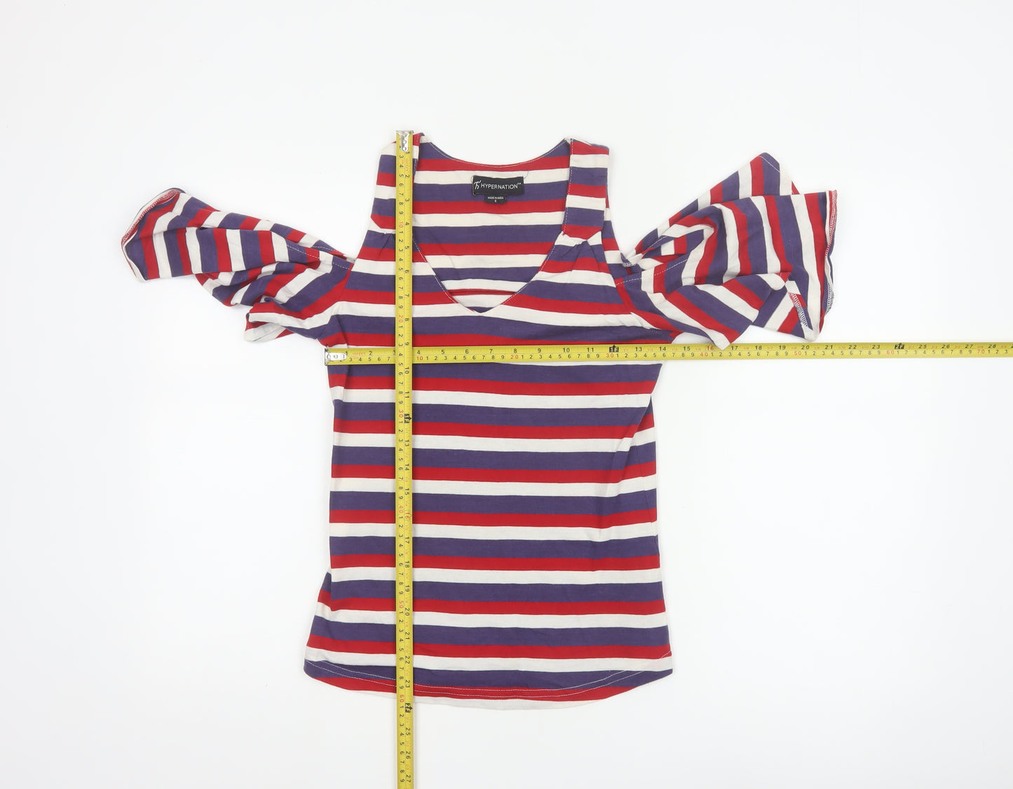 HYPERNATION Women’s Multicoloured Striped Cold Shoulder Cotton T-Shirt Size S