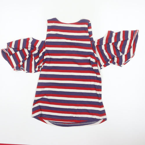 HYPERNATION Women’s Multicoloured Striped Cold Shoulder Cotton T-Shirt Size S