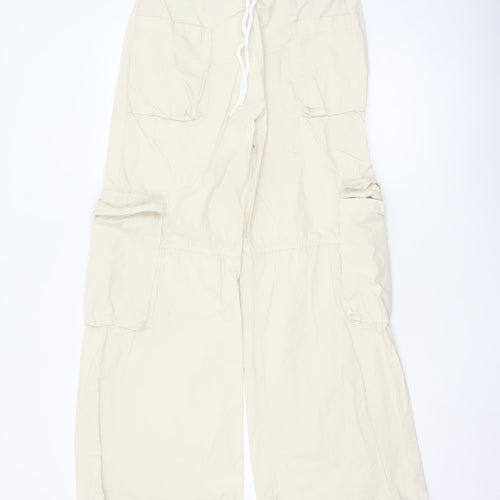 Bershka Women’s Beige Cotton Cargo Trousers XS Wide-Leg