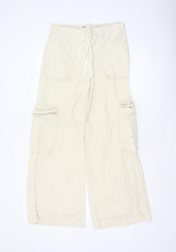 Bershka Women’s Beige Cotton Cargo Trousers XS Wide-Leg