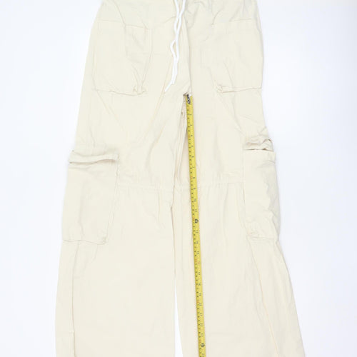 Bershka Women’s Beige Cotton Cargo Trousers XS Wide-Leg