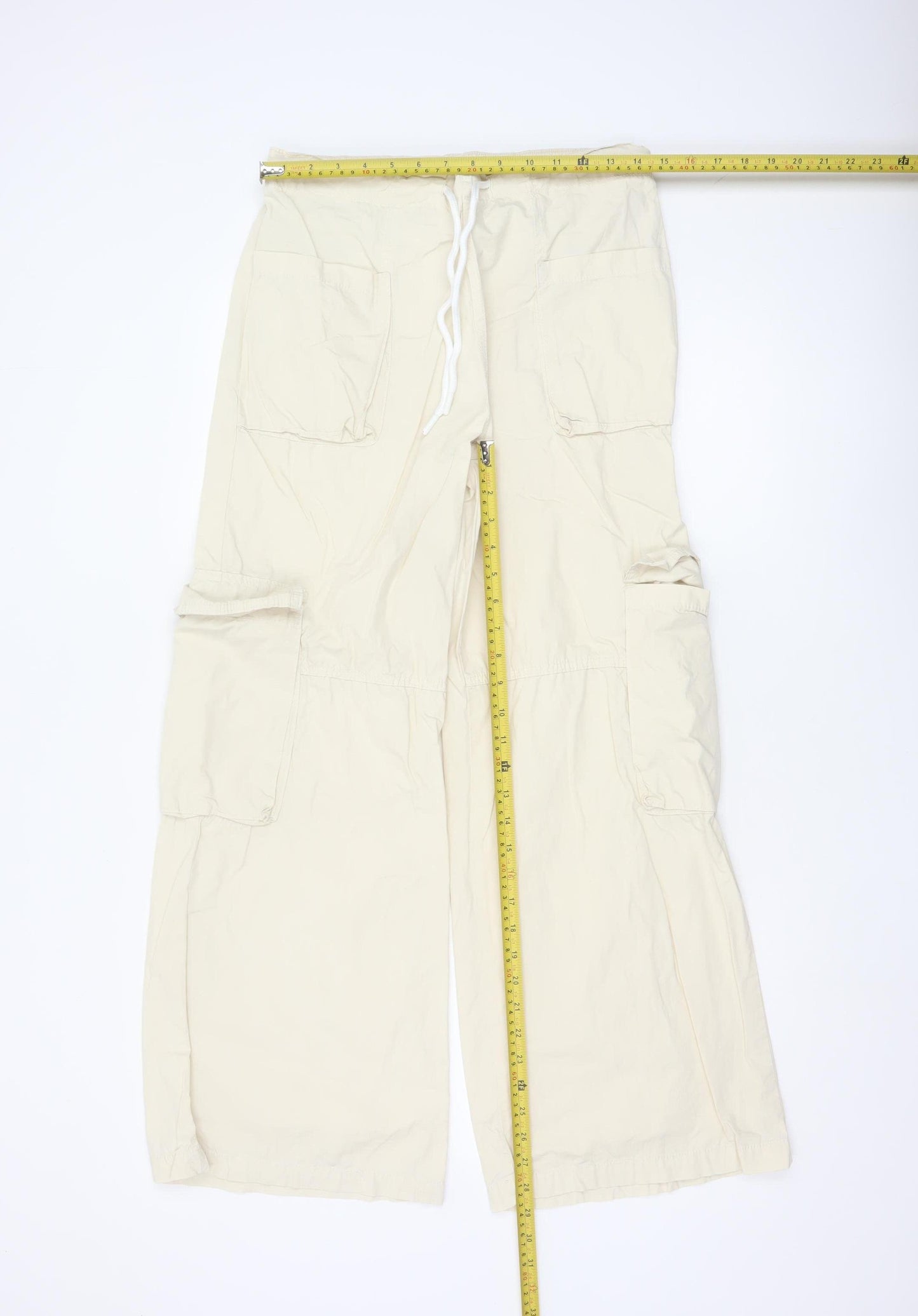Bershka Women’s Beige Cotton Cargo Trousers XS Wide-Leg