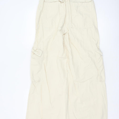 Bershka Women’s Beige Cotton Cargo Trousers XS Wide-Leg