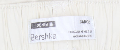 Bershka Women’s Beige Cotton Cargo Trousers XS Wide-Leg