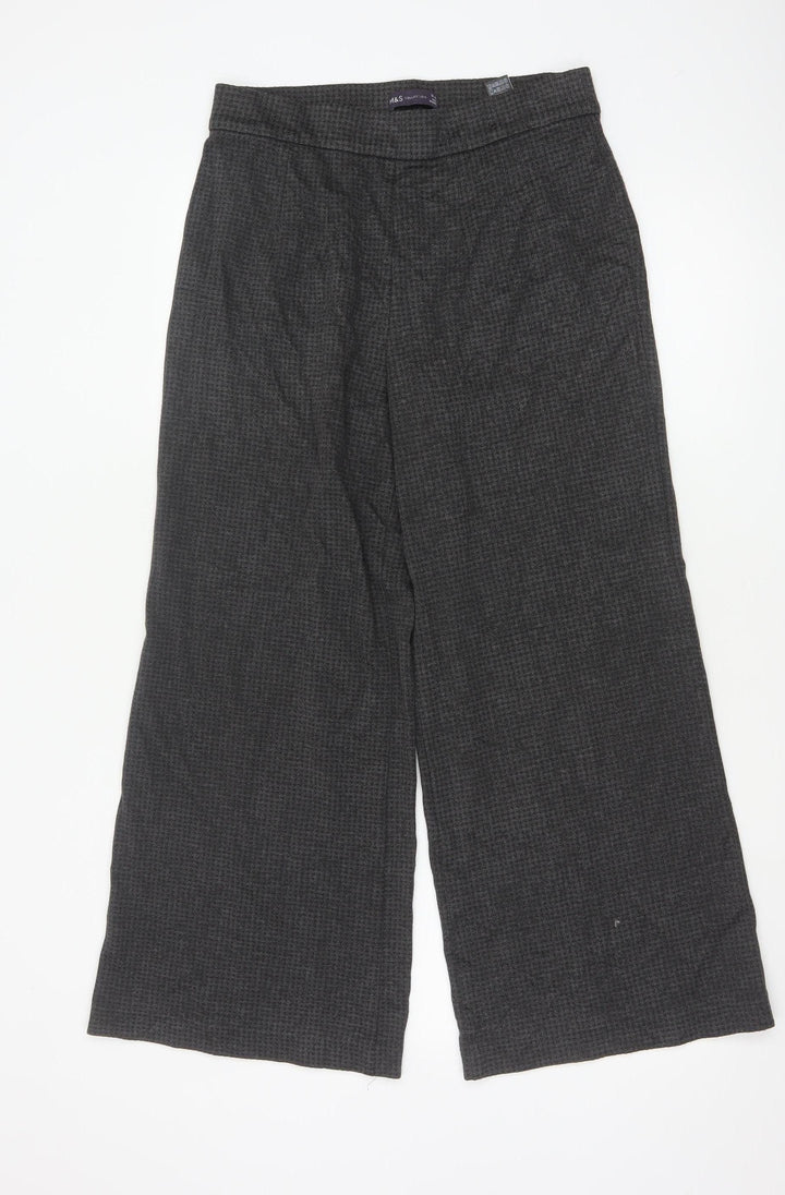 Marks and Spencer Women Grey Check Wide-Leg Trousers Size 12 Short