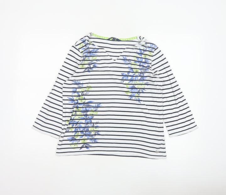 Maine New England Women's White Striped 3/4 Sleeve V-Neck Cotton T-Shirt Size 16