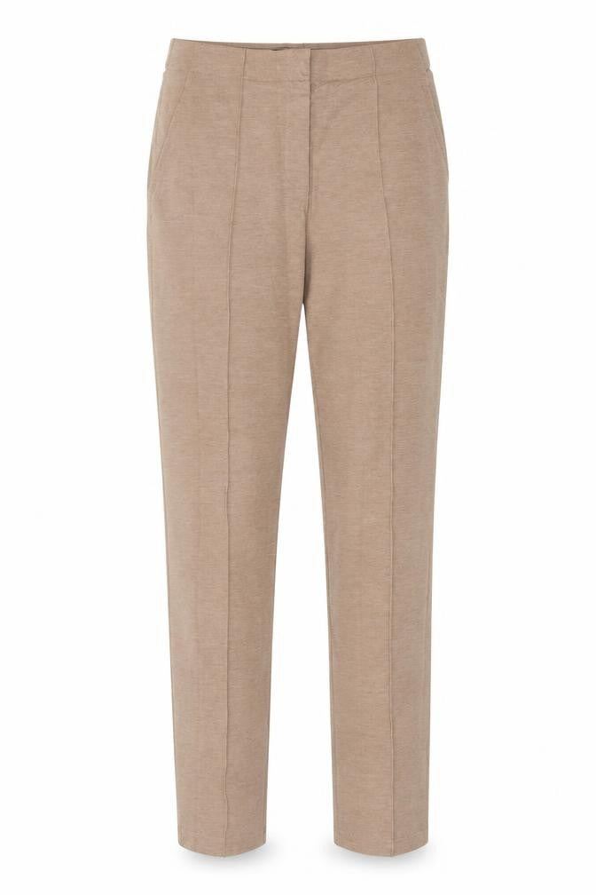 Front view of Marks & Spencer women’s beige regular viscose blend straight trousers, size UK 8