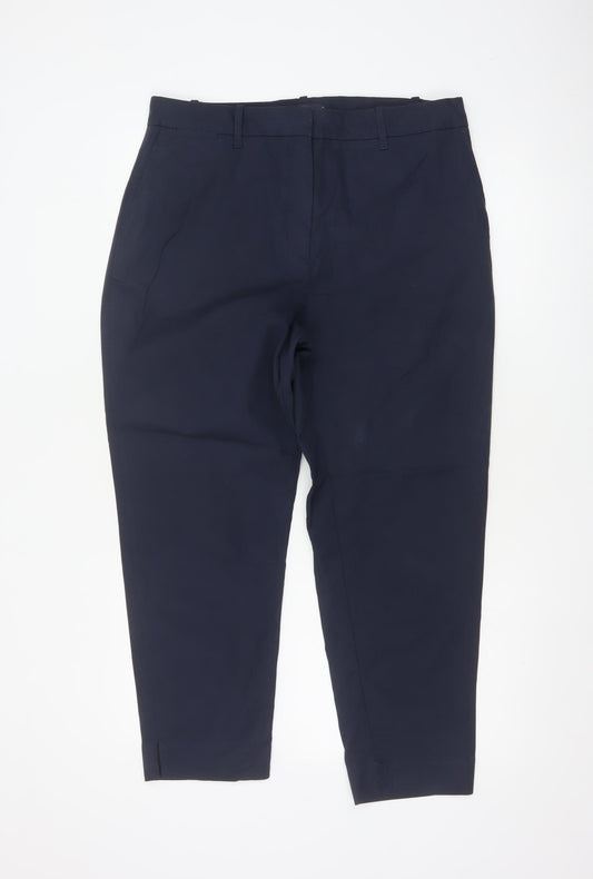 Marks and Spencer Women's Navy Blue Cotton Blend Ankle Trousers Size 14 Short