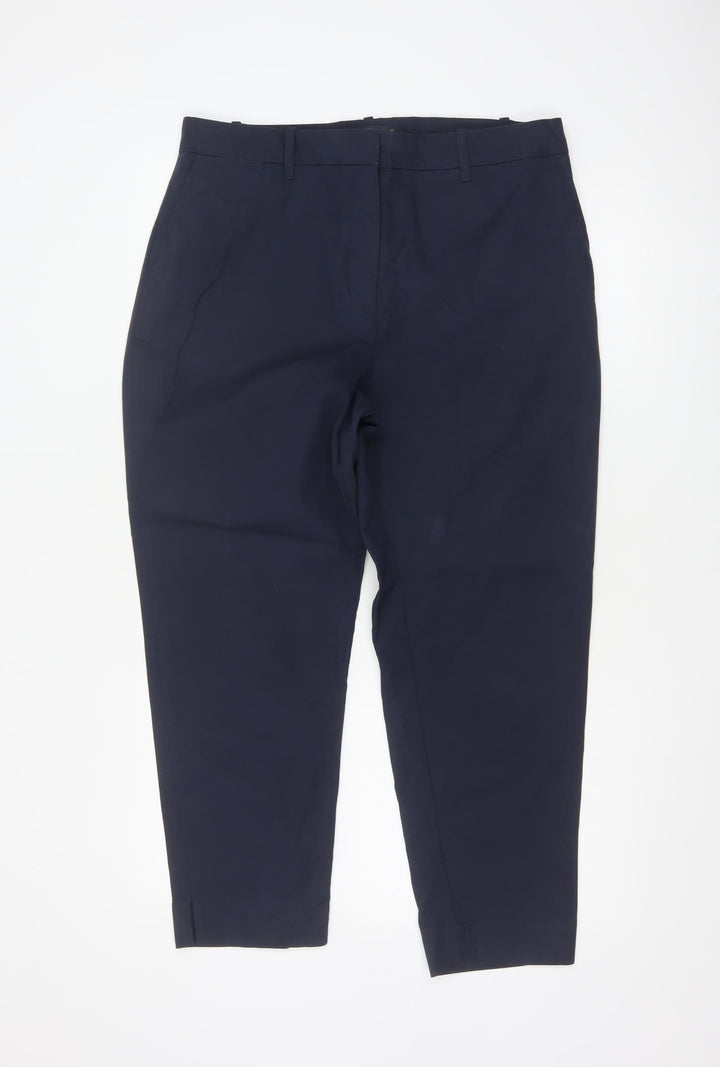 Marks and Spencer Women's Navy Blue Cotton Blend Ankle Trousers Size 14 Short