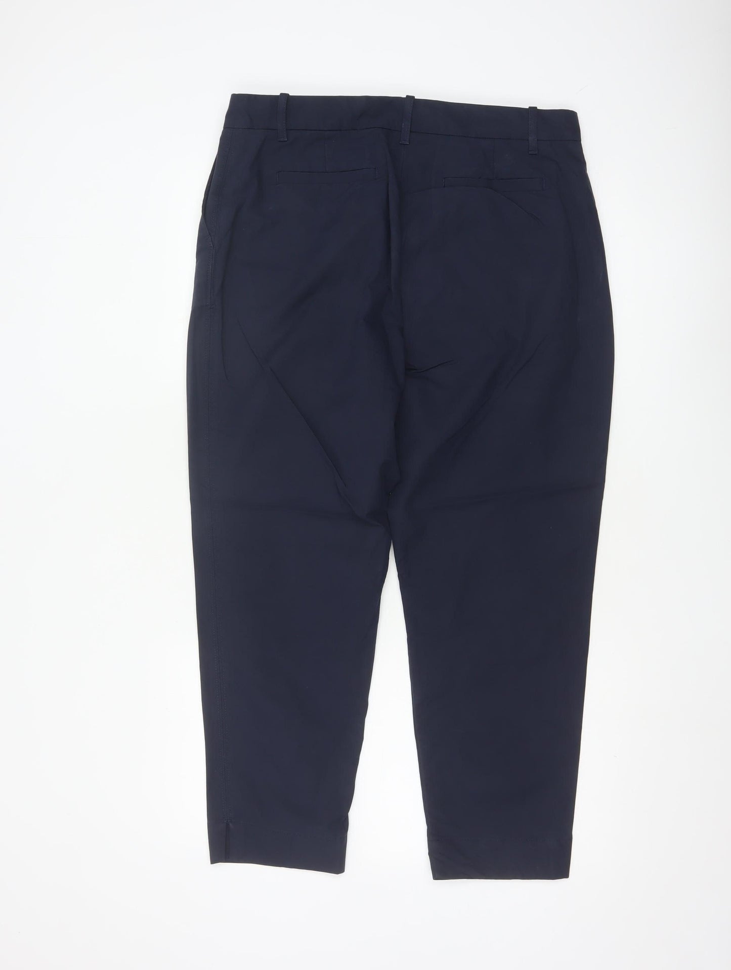 Marks and Spencer Women's Navy Blue Cotton Blend Ankle Trousers Size 14 Short