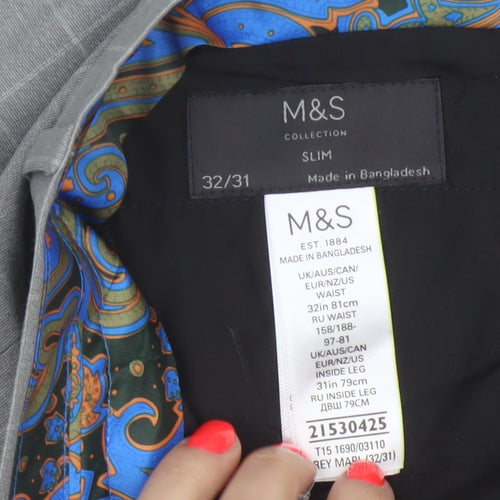 Marks and Spencer Men's Grey Check Slim Fit Dress Pants 32W 31L