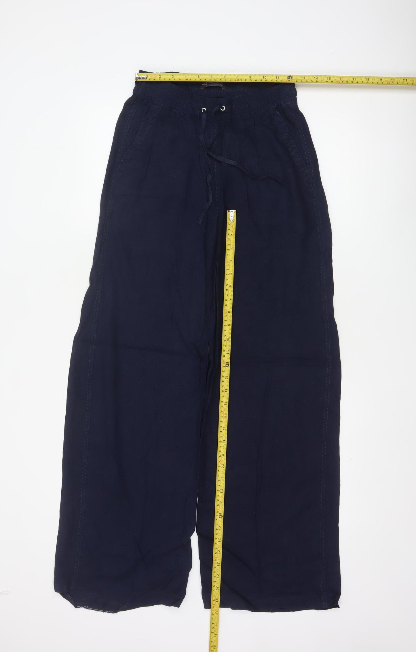 Marks and Spencer Womens Navy Linen Wide-Leg Trousers Size 8