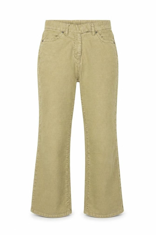 Front view of Rohan women’s beige corduroy wide-leg casual trousers, size UK 8
