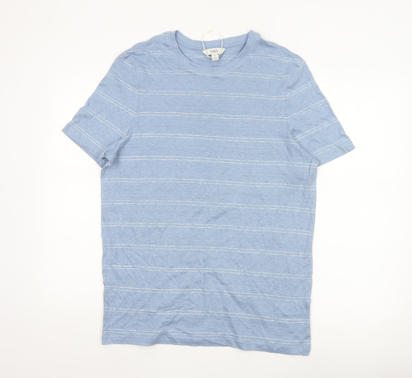 Marks and Spencer Men's Blue Striped Linen Regular Fit T-Shirt M