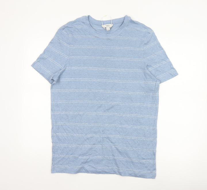 Marks and Spencer Men's Blue Striped Linen Regular Fit T-Shirt M