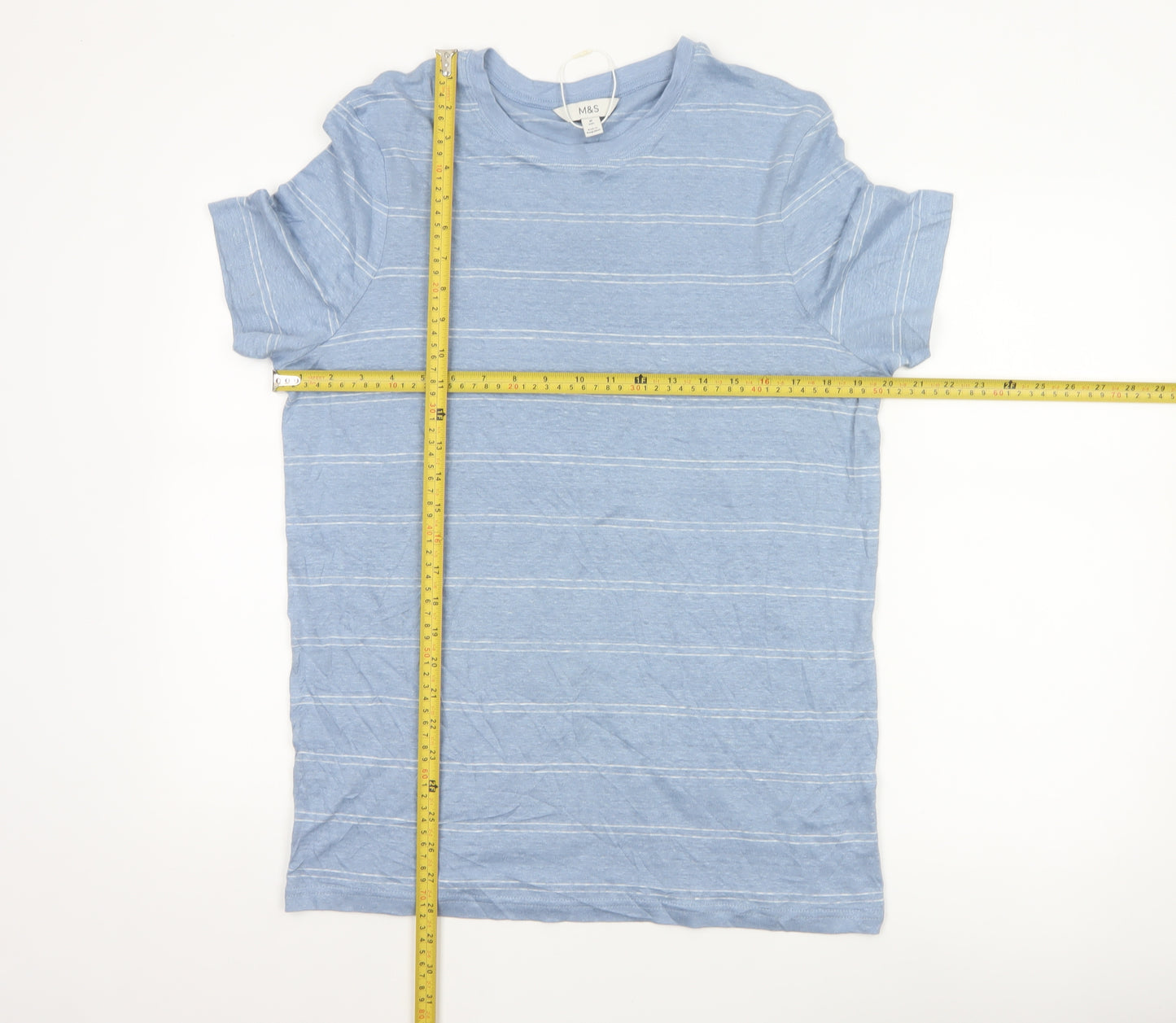 Marks and Spencer Men's Blue Striped Linen Regular Fit T-Shirt M