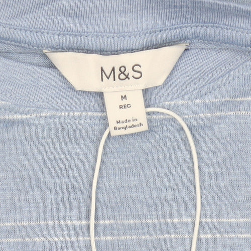 Marks and Spencer Men's Blue Striped Linen Regular Fit T-Shirt M