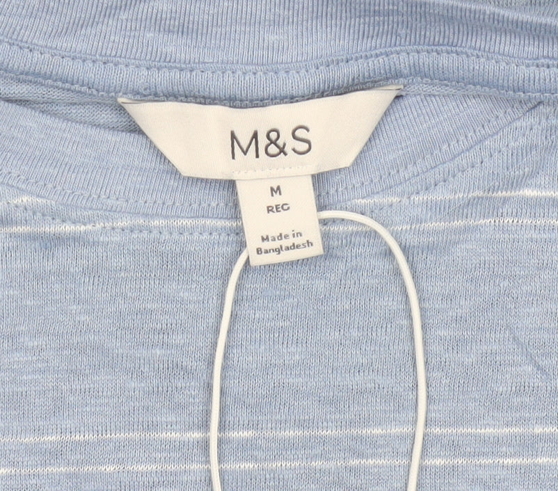 Marks and Spencer Men's Blue Striped Linen Regular Fit T-Shirt M