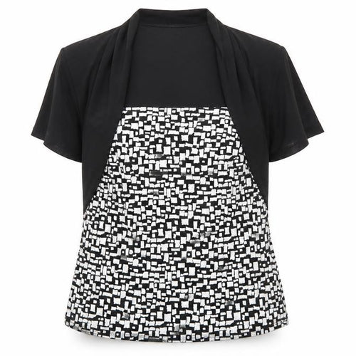 Frank Lyman Women’s Black White Geometric Stretch Tunic Blouse Size 14