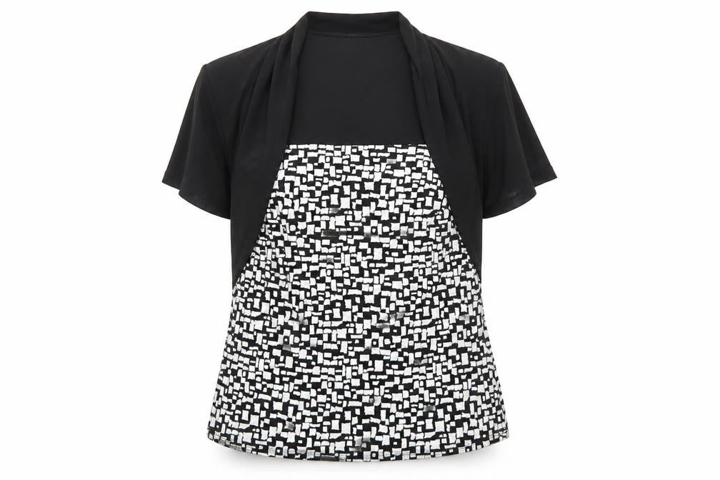 Frank Lyman Women’s Black White Geometric Stretch Tunic Blouse Size 14