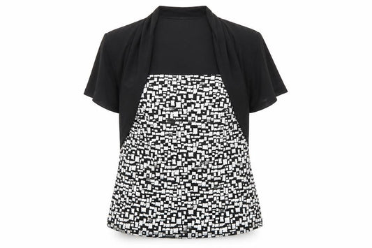 Front view of Frank Lyman Women’s Black White Geometric Stretch Tunic Blouse, size UK 14