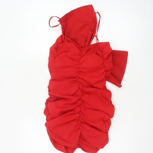 ZARA Women’s Red One Shoulder Ruched Bodycon Party Dress Size 8