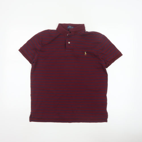 Polo Ralph Lauren Men's Burgundy Navy Striped Cotton Polo Shirt M