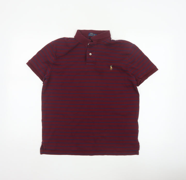 Polo Ralph Lauren Men's Burgundy Navy Striped Cotton Polo Shirt M
