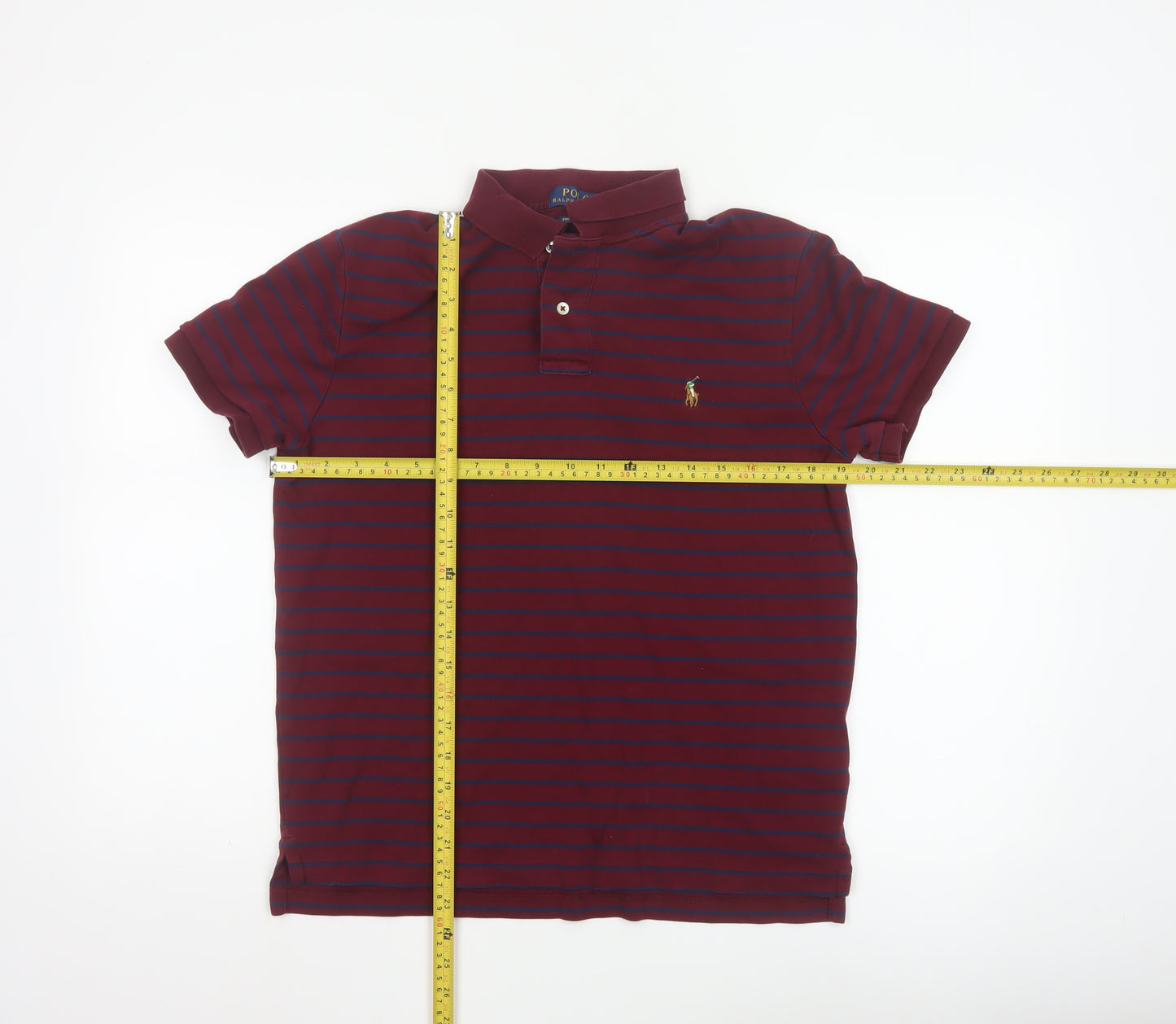 Polo Ralph Lauren Men's Burgundy Navy Striped Cotton Polo Shirt M