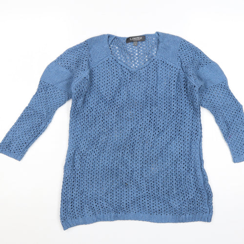 Marks and Spencer Women Blue Open-Knit V-Neck Jumper Size 8