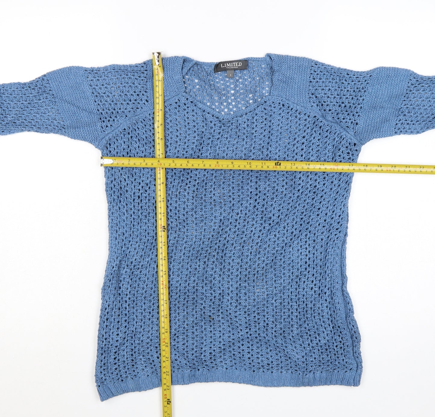 Marks and Spencer Women Blue Open-Knit V-Neck Jumper Size 8