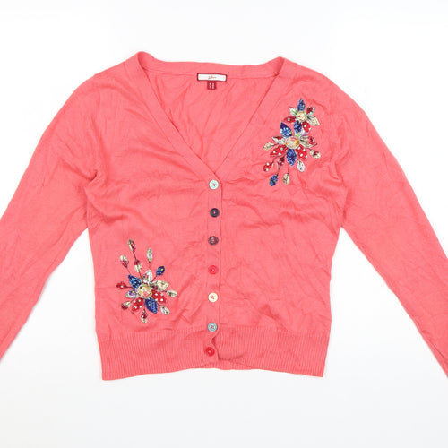 Joe Browns Women's Pink Beaded Cardigan Size 12 V-Neck Knit