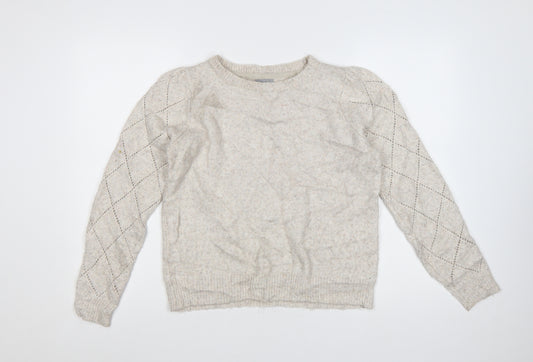 Oliver Bonas Women Beige Knit Argyle Jumper UK 10 Crew Neck