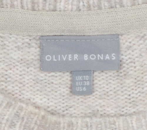 Oliver Bonas Women Beige Knit Argyle Jumper UK 10 Crew Neck